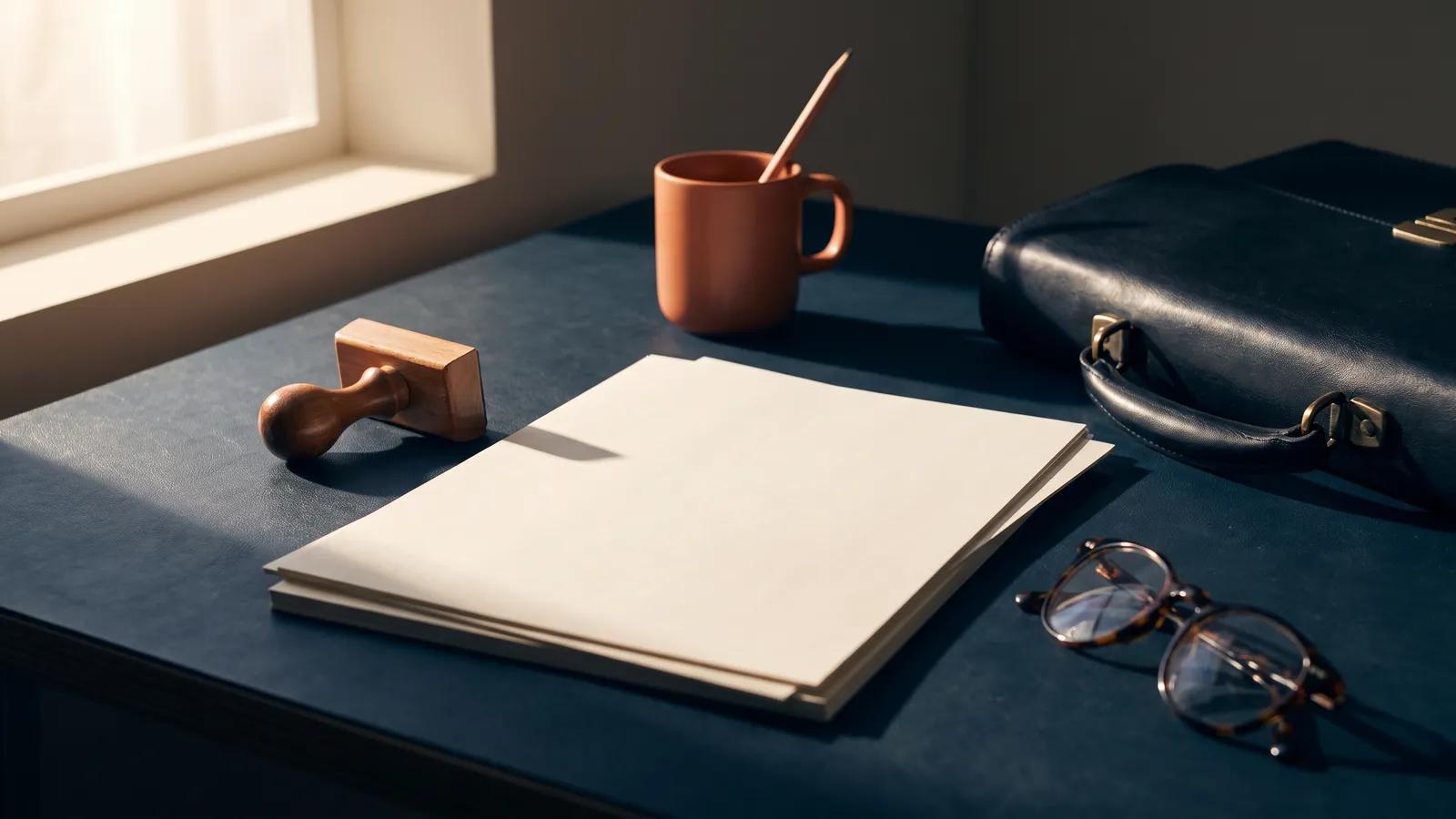 Un escritorio ordenado con formularios en blanco, un sello de madera, un maletín de cuero y gafas de lectura sobre una superficie oscura, evocando el proceso de constituir una empresa.