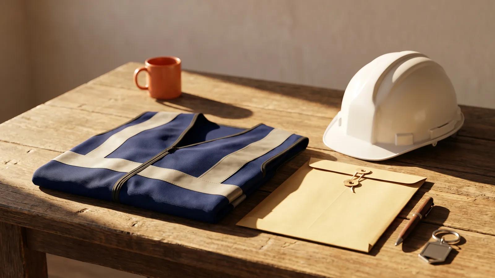 Chaleco reflectante doblado junto a casco de seguridad, sobre de contrato firmado, bolígrafo y llavero metálico sobre mesa de madera.