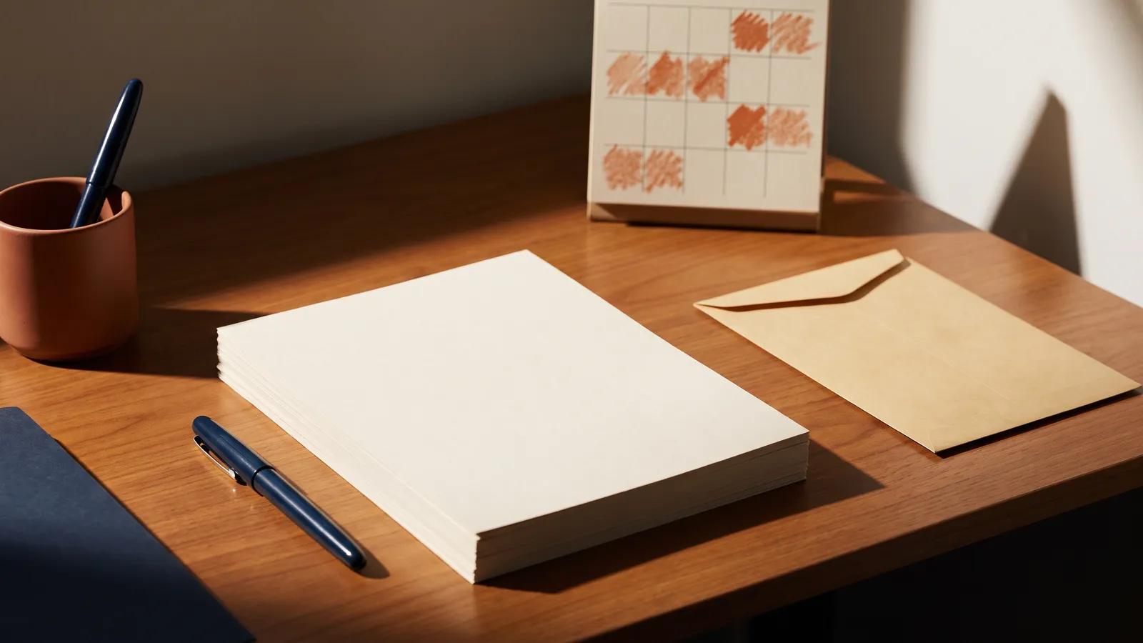 Formularios en blanco, un bolígrafo, un calendario con fechas marcadas y un sobre abierto sobre una mesa de madera.