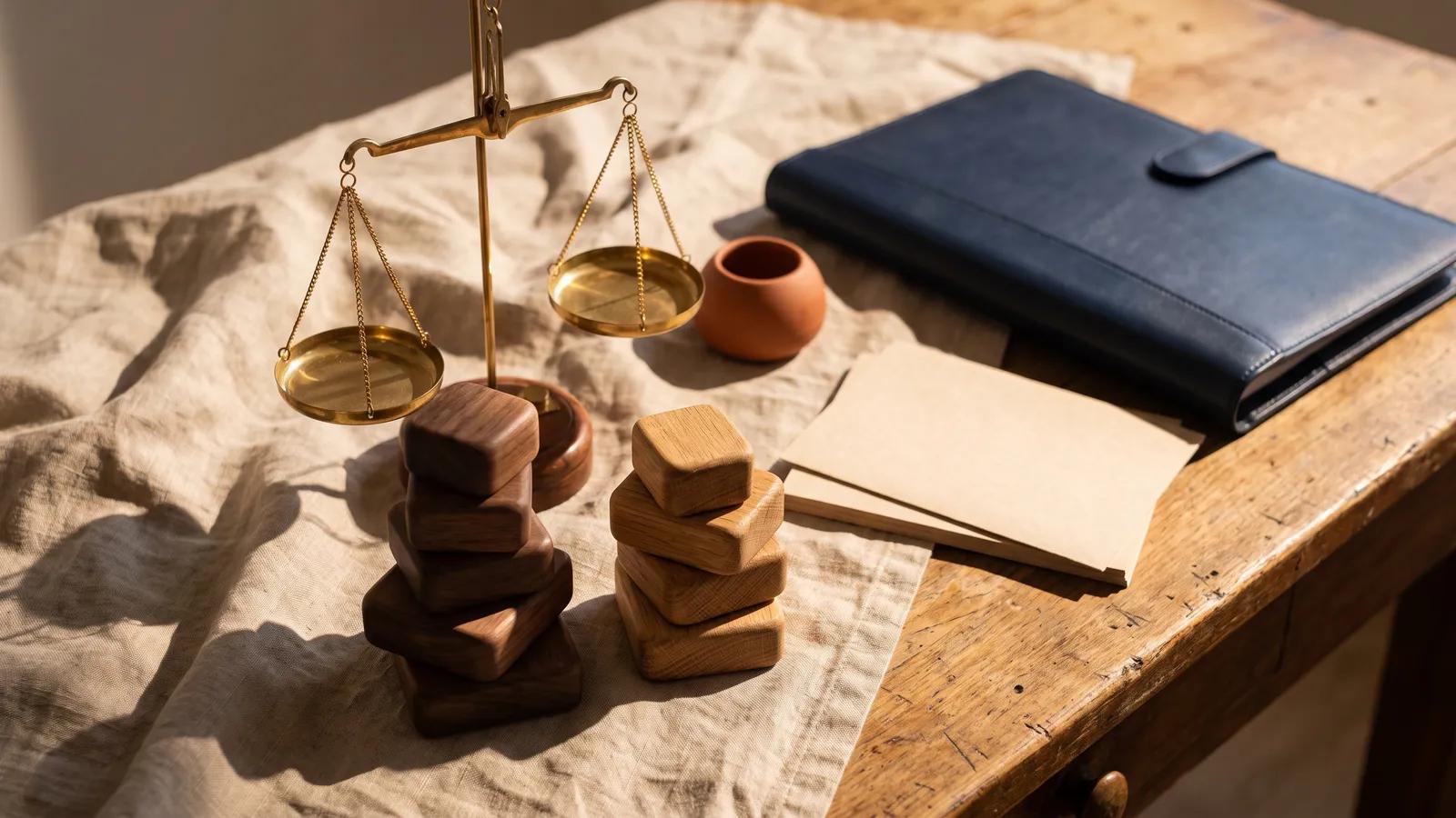 Dos pilas de bloques de madera sobre una mesa, con una balanza equilibrando entre ambas y una carpeta de cuero.