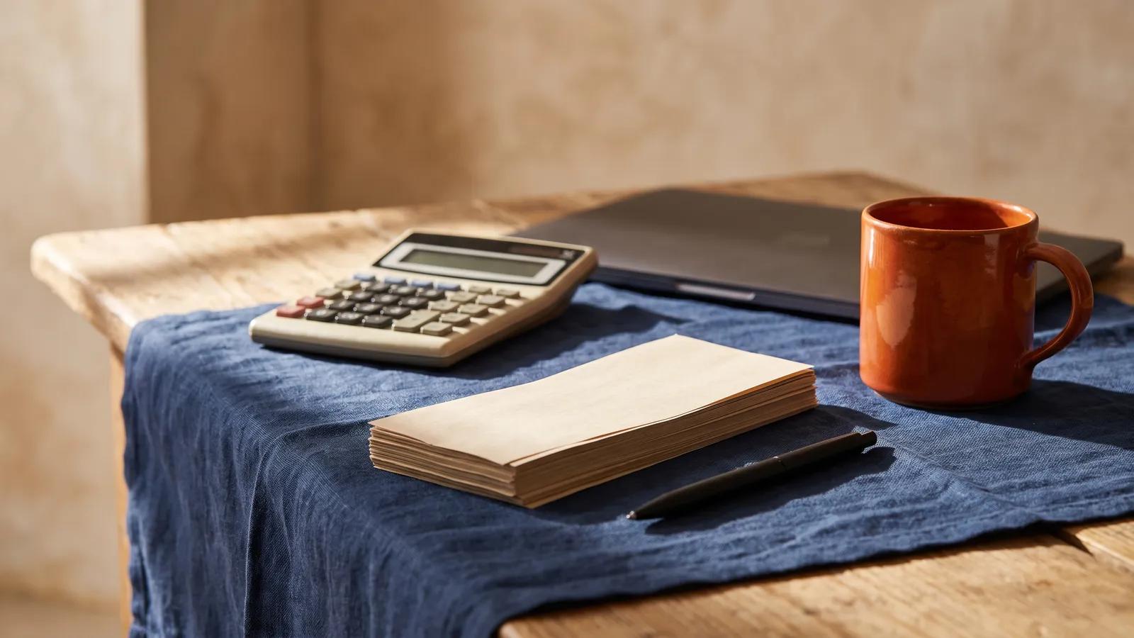 Escritorio de madera con recibos apilados, calculadora apagada, bolígrafo, portátil cerrado y taza, para organizar gastos deducibles.