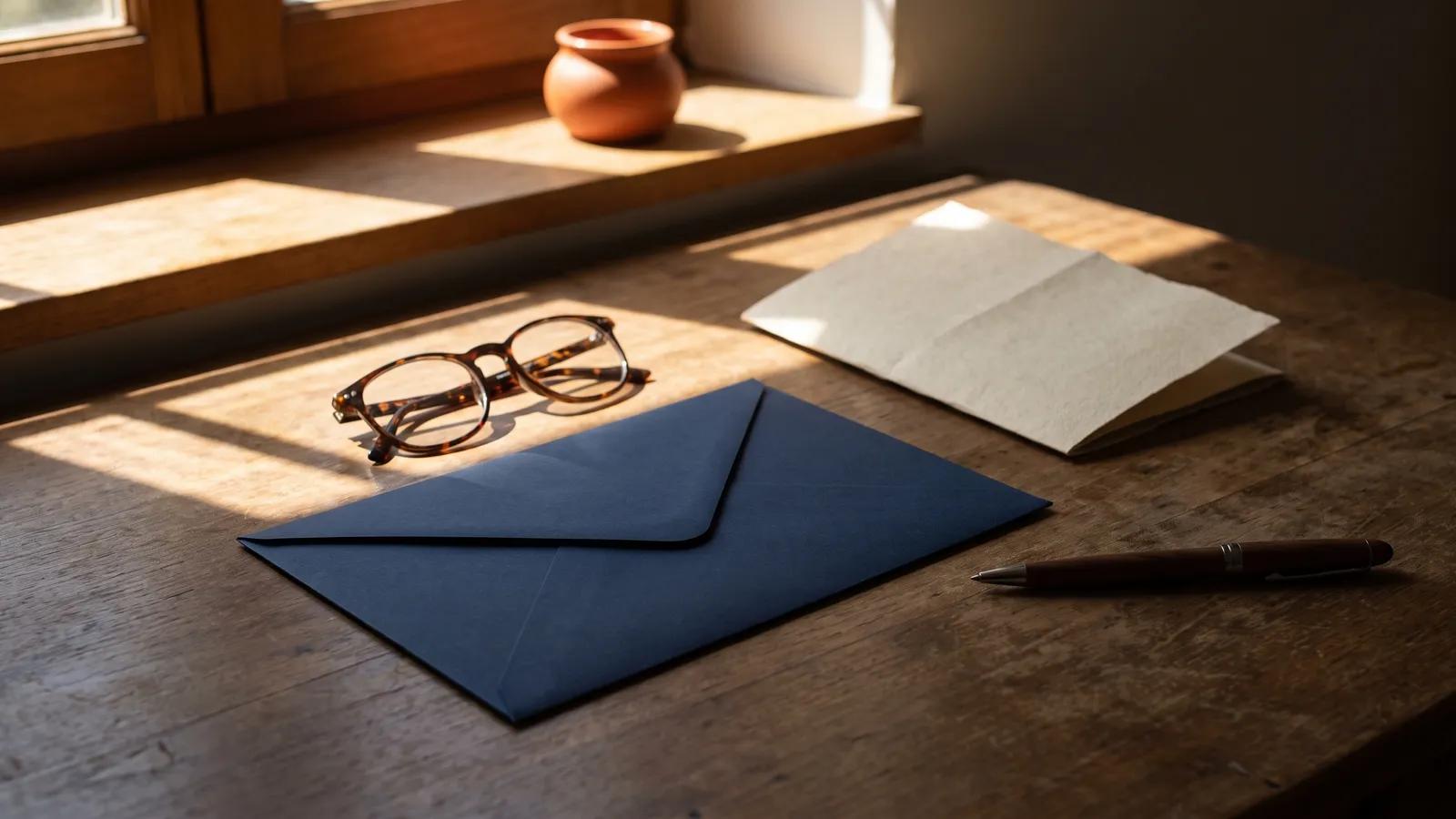 Un sobre cerrado y unas gafas sobre una mesa de madera, junto a una nómina doblada y un bolígrafo, sugieren revisar detalles salariales.