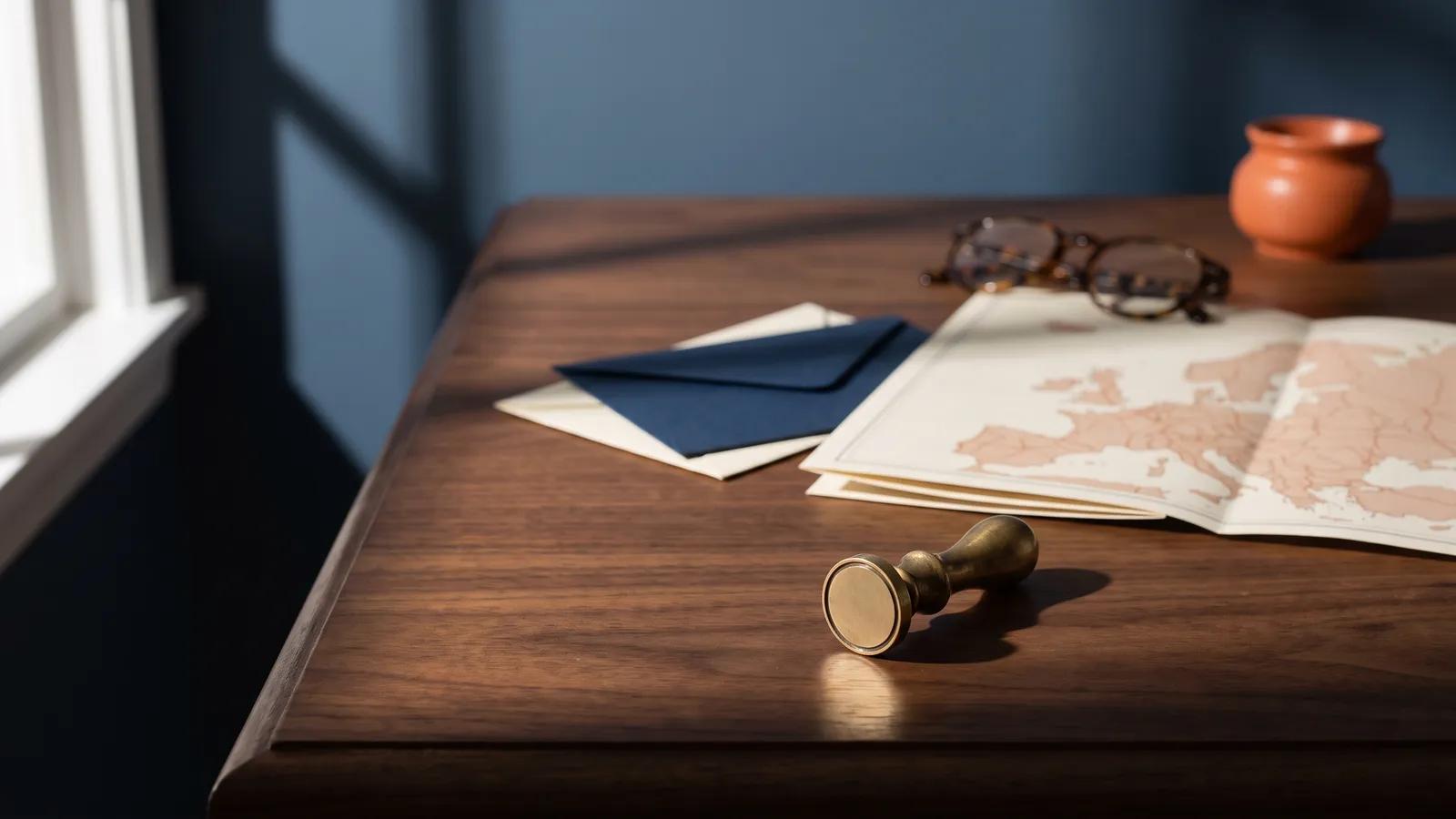 Sobres cerrados, un mapa de Europa, un sello de latón y gafas sobre una mesa de madera.